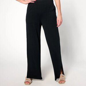 Denim & Co. Beach Jersey Reg Wide Leg Pant With Slits -Black (Sz 4X) a637289